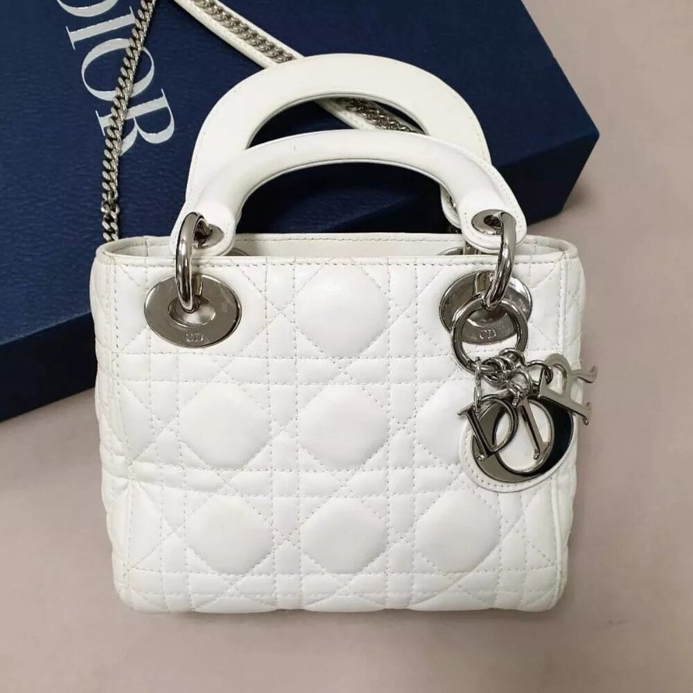 Dior Lady Dior White Leather Mini Handle Bag